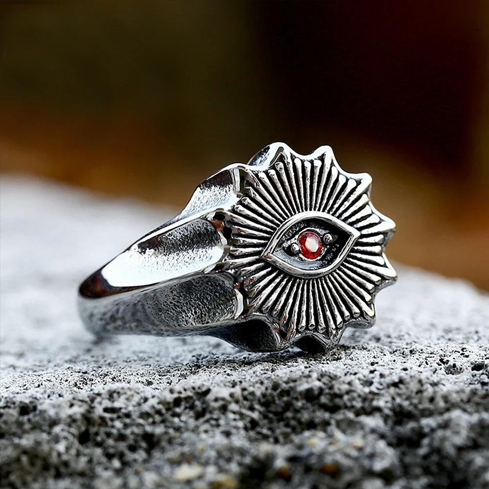 1️⃣ Demon Eye Ring Red Stone Stainless Steel Gothic Biker Ring for Men
