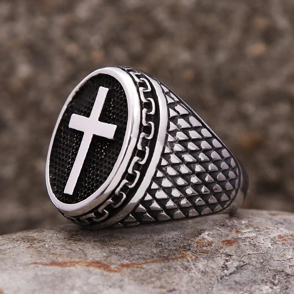 Stainless Steel Christian Cross Ring Punk Biker Religious Ring Men Women