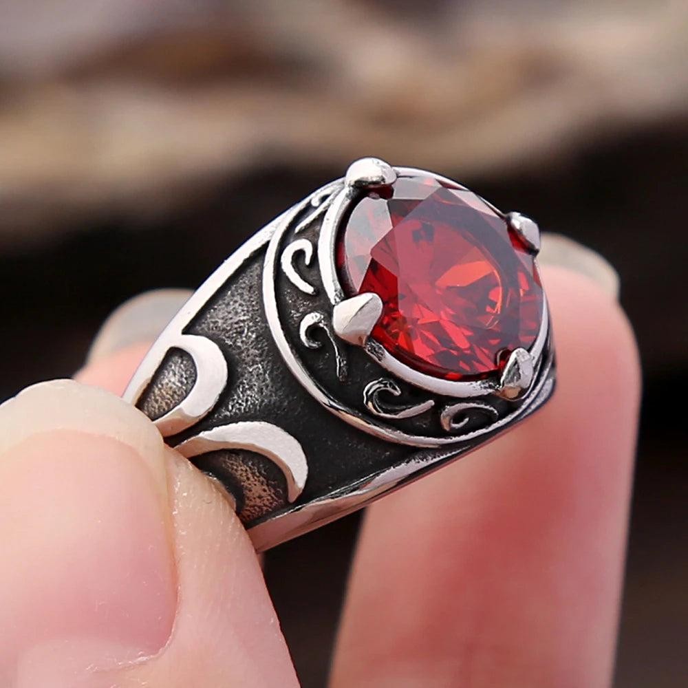 Stainless Steel Engraved Flower Ring Red Stone Vintage Punk Ring Men Women