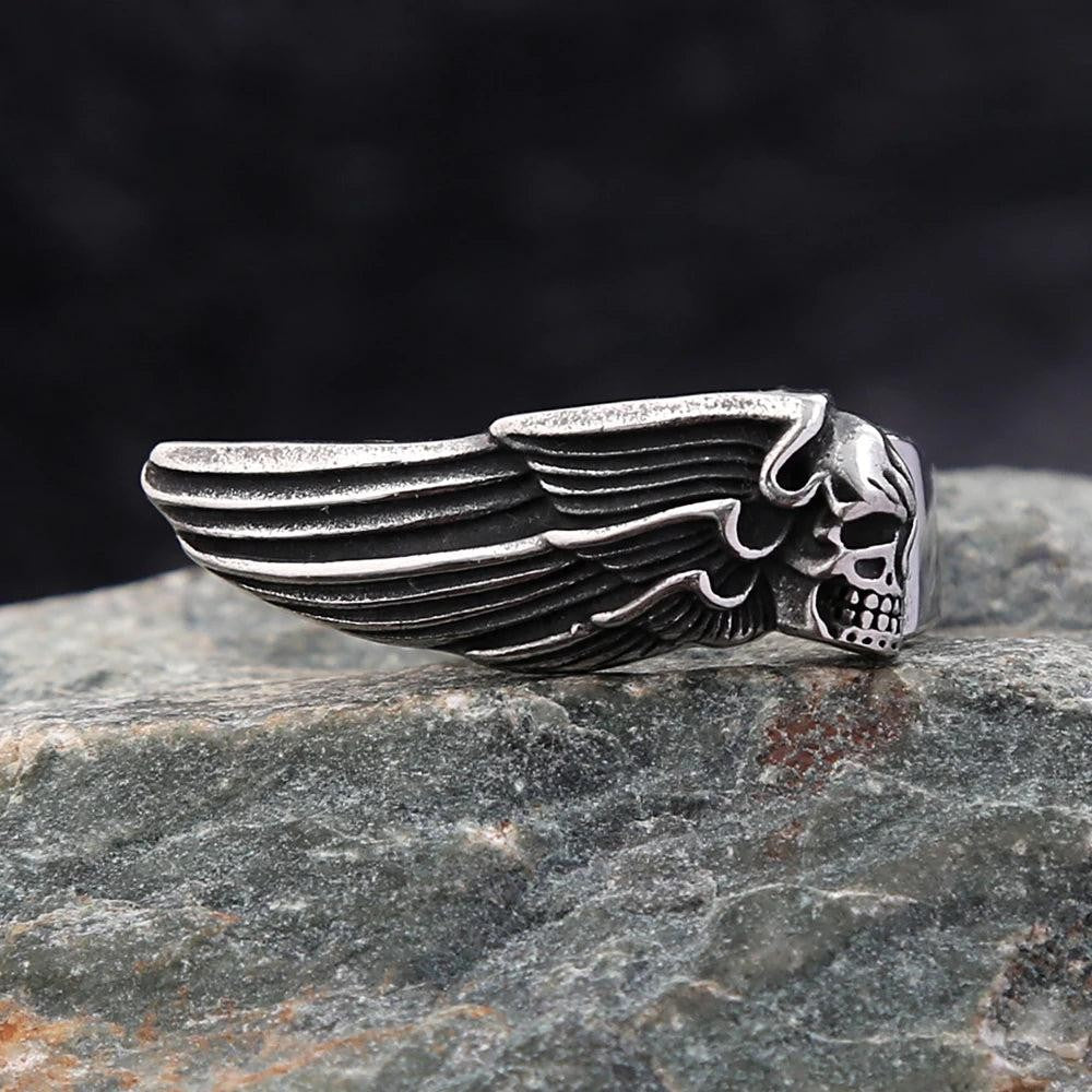 316L Stainless Steel Skull Wing Ring Punk Gothic Feather Ring Men Women
