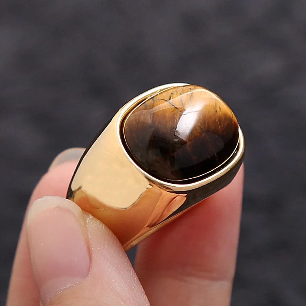 Stainless Steel Tiger Eye Ring | Vintage Brown Stone Biker Ring for Men Women