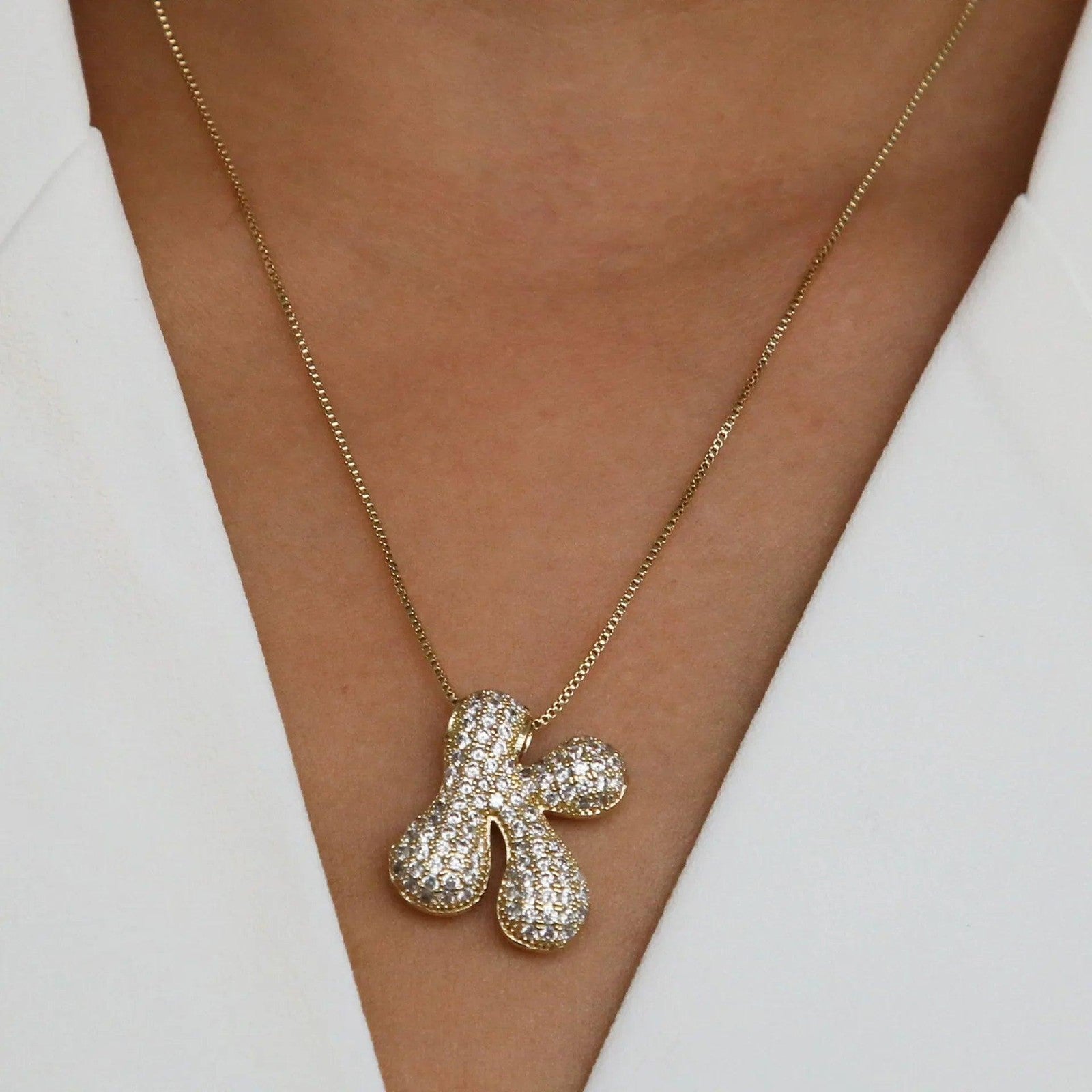 Stainless Steel PVD Bubble Chunky Initial Pendant Necklace 26 Letters Zircon Jew