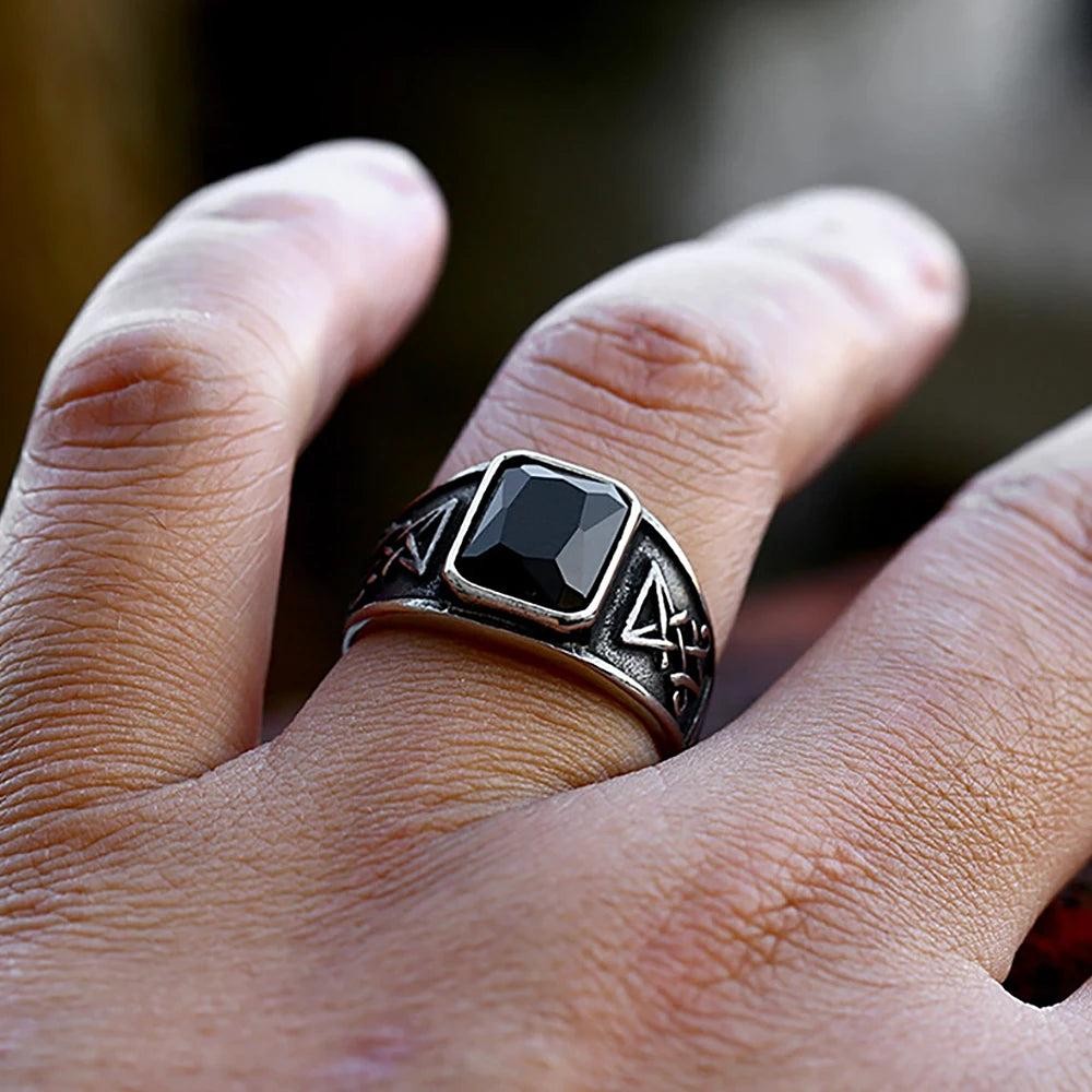 Vintage Lucifer Satan Signet Ring – Stainless Steel Gothic Black Stone Ring