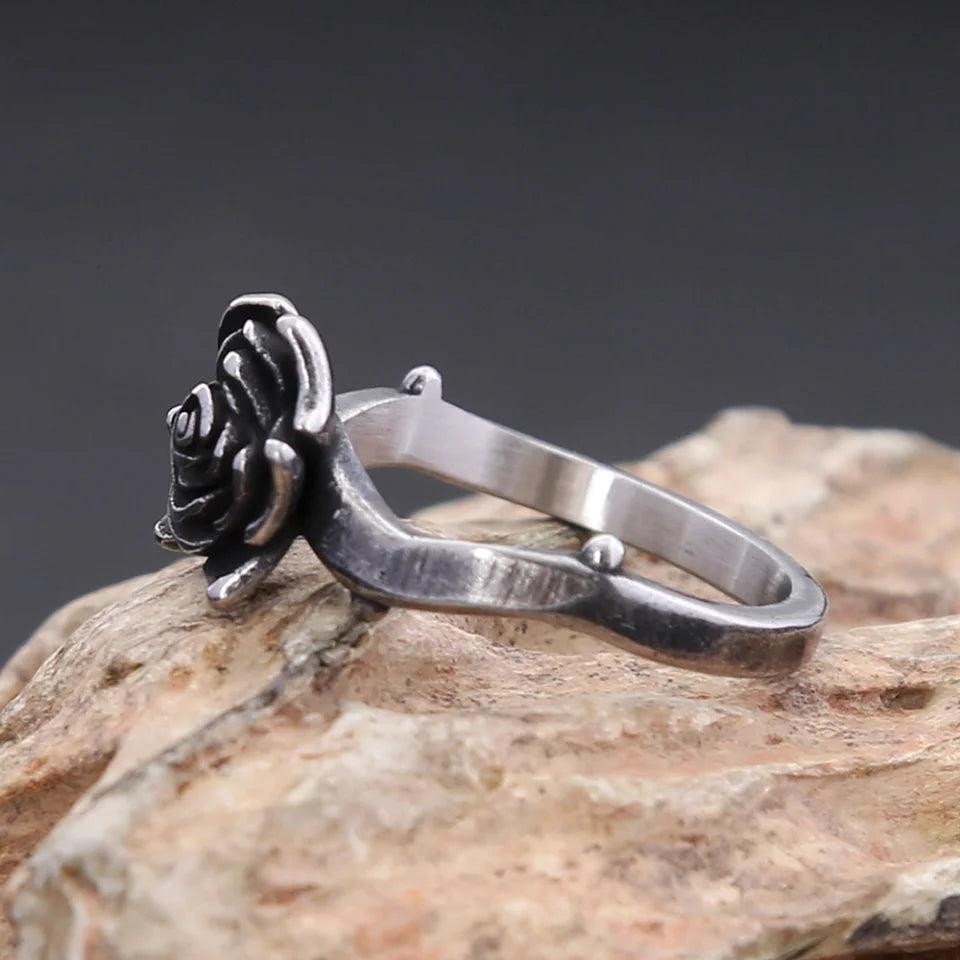 Vintage Black Rose Ring 316L Stainless Steel – Simple Trendy Ring for Women
