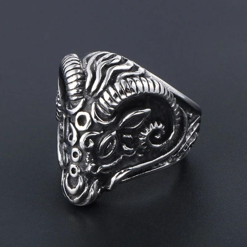2️⃣ Gothic Goat Head Ring Stainless Steel Heavy Metal Biker Ring Men