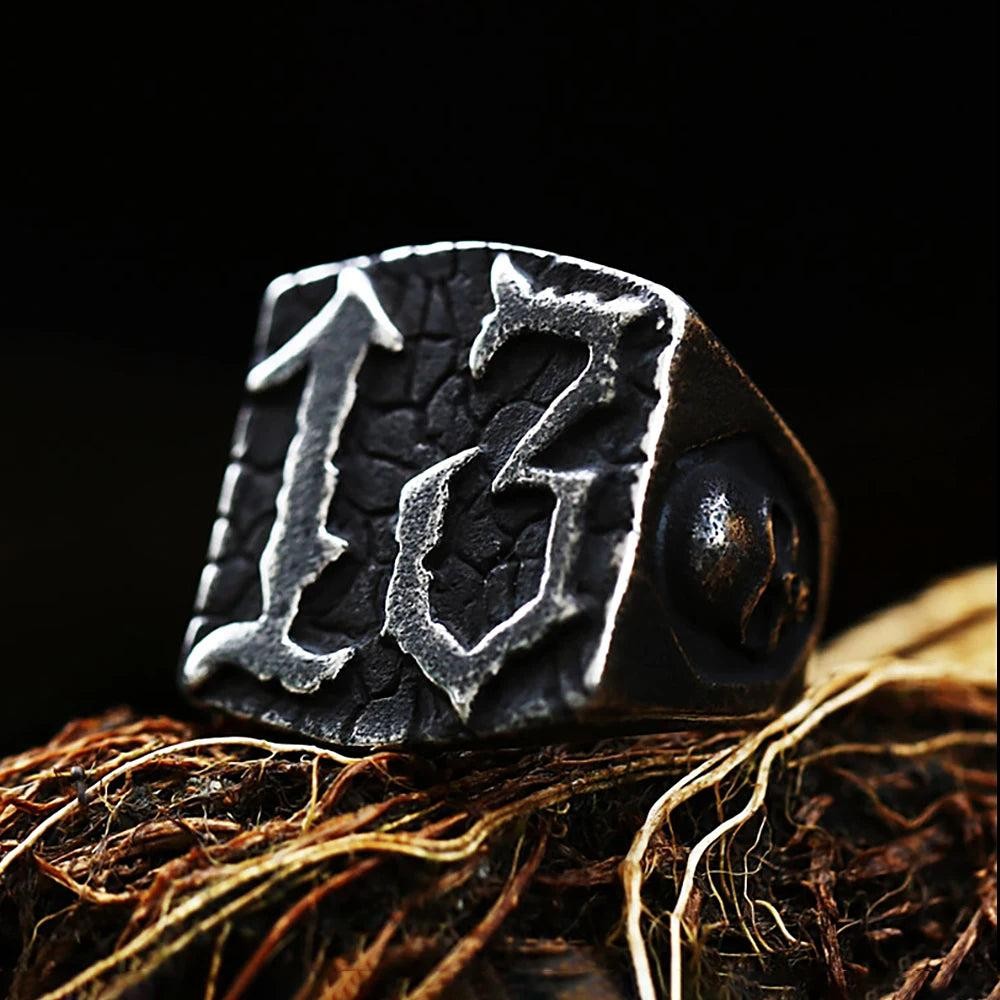 316L Stainless Steel Skull Lucky Number Ring Gothic Punk Ring for Men