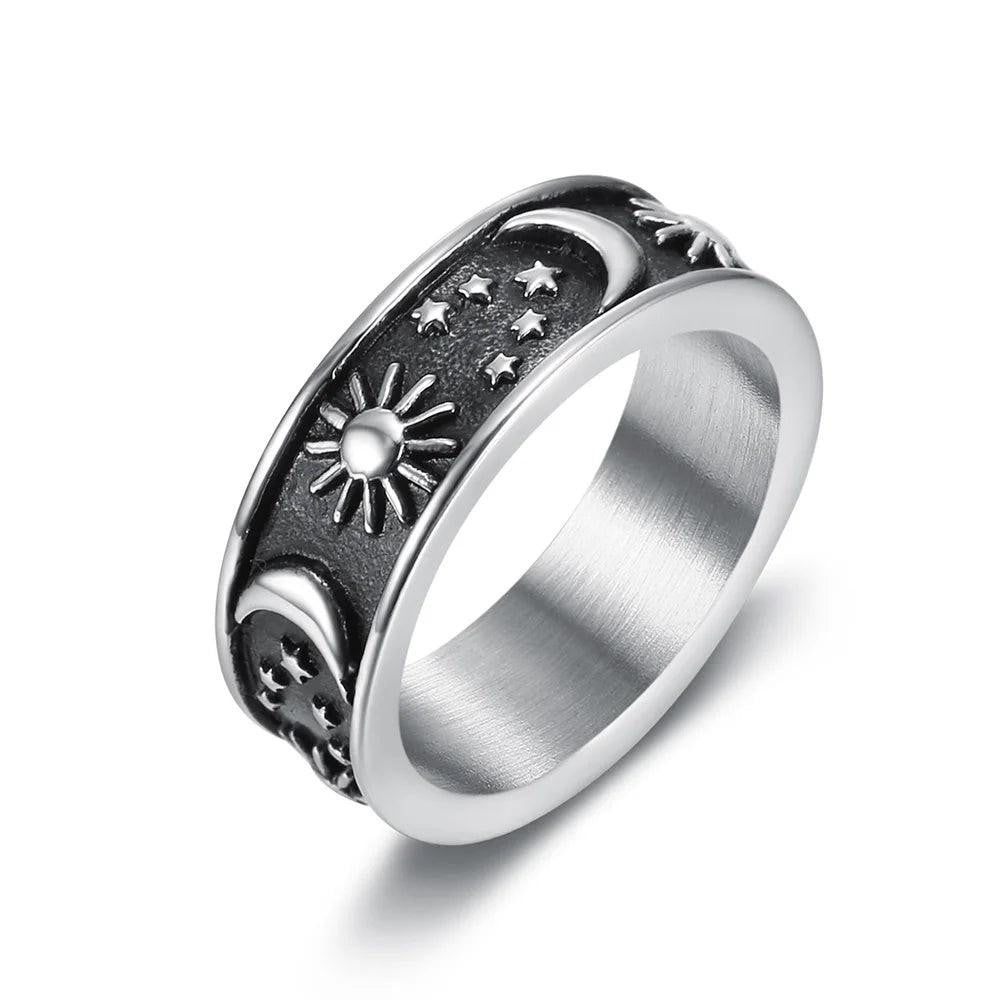 1️⃣ Sun Moon Star Ring 316L Stainless Steel Couple Punk Ring for Men Women