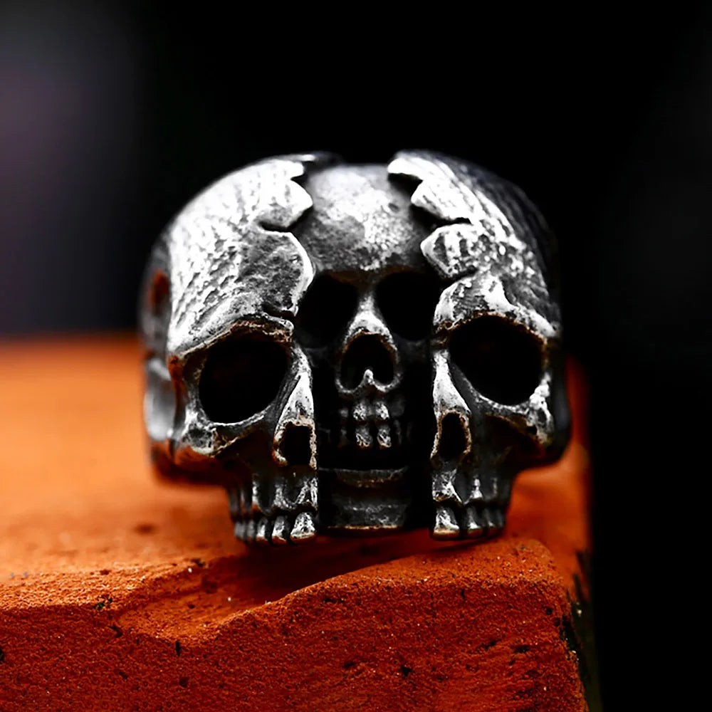 Gothic Broken Skull Ring Stainless Steel Biker Skeleton Ring Men