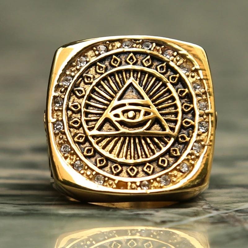 1️⃣ All Seeing Eye Ring Masonic Stainless Steel Crystal Gold Gothic Ring for Men