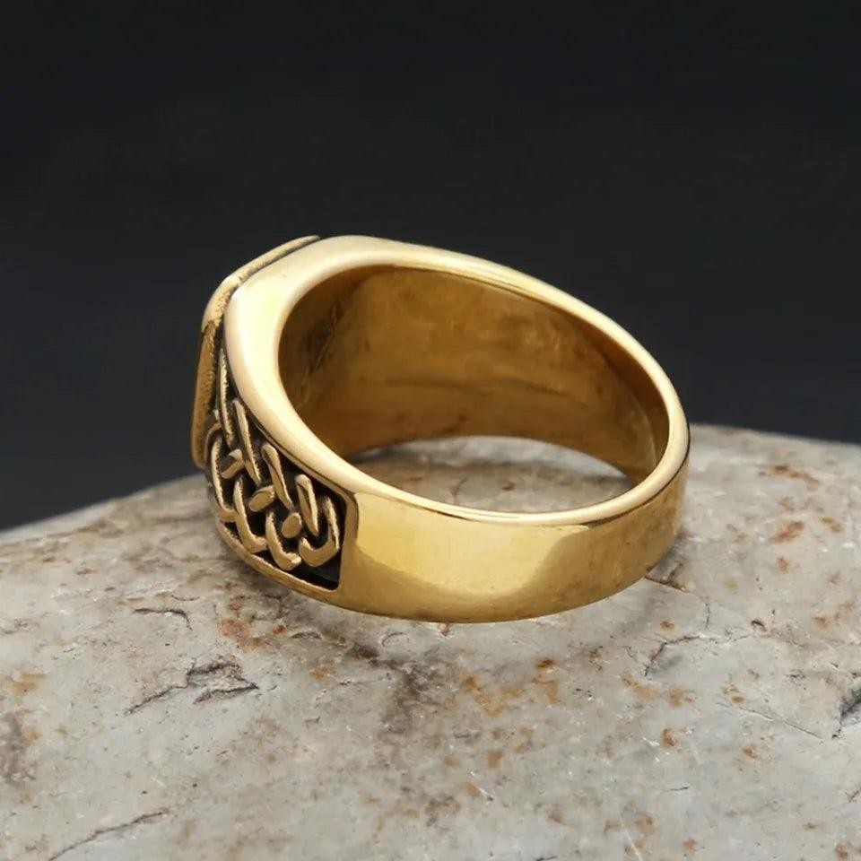 Stainless Steel Viking Rune Ring | Nordic Knot Square Red Stone Ring Unisex