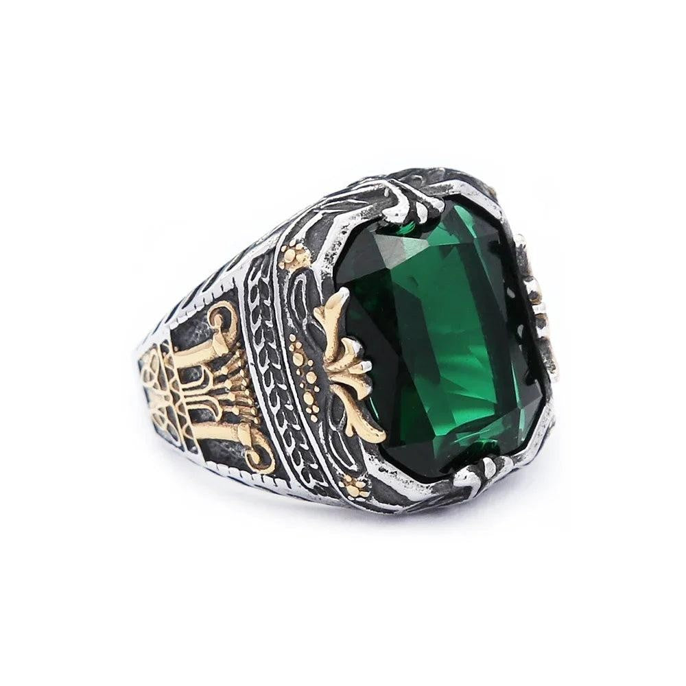 316L Stainless Steel Green Stone Turkish Signet Ring Punk Biker Men Women