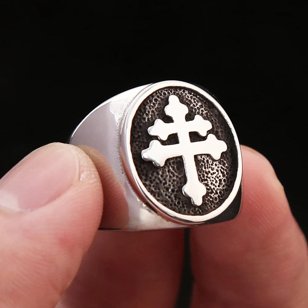 Cross of Lorraine Ring Stainless Steel – Classic Catholic Signet Ring Unisex