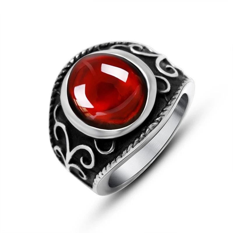 2️⃣ Vintage Gothic Garnet Ring Engraved Flower Stainless Steel Ring Men Women