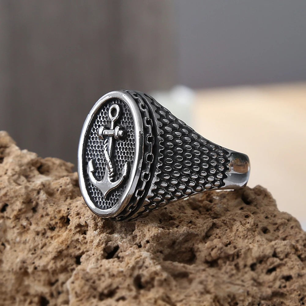 1️⃣ Viking Anchor Ring Stainless Steel Punk Biker Seal Ring for Men
