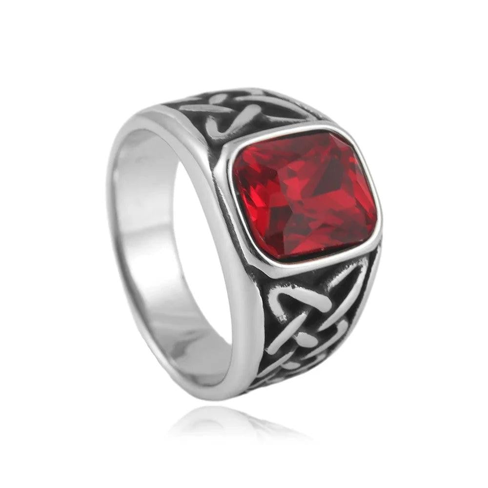 Stainless Steel Viking Rune Ring | Nordic Knot Square Red Stone Ring Unisex