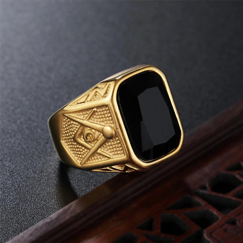 1️⃣ Masonic Square Stone Ring Blue Red Black Stainless Steel Biker Ring Men