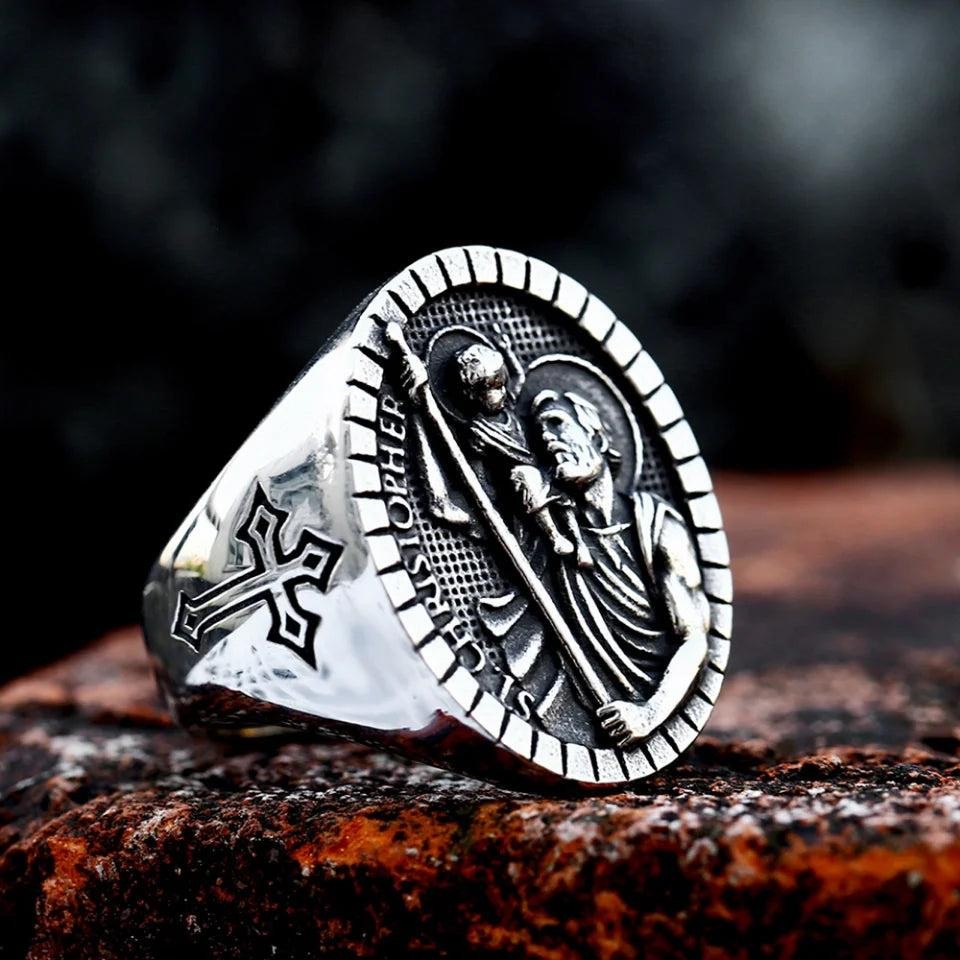 316L Stainless Steel St Christopher Ring | Vintage Renaissance Cross Biker Ring