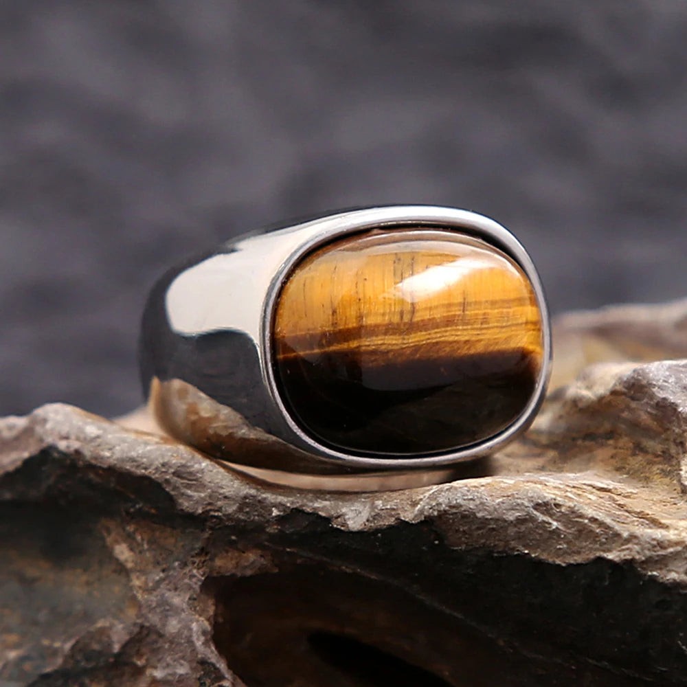 Stainless Steel Tiger Eye Ring | Vintage Brown Stone Biker Ring for Men Women