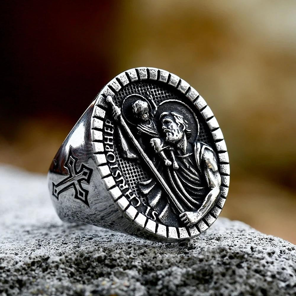 316L Stainless Steel St Christopher Ring | Vintage Renaissance Cross Biker Ring