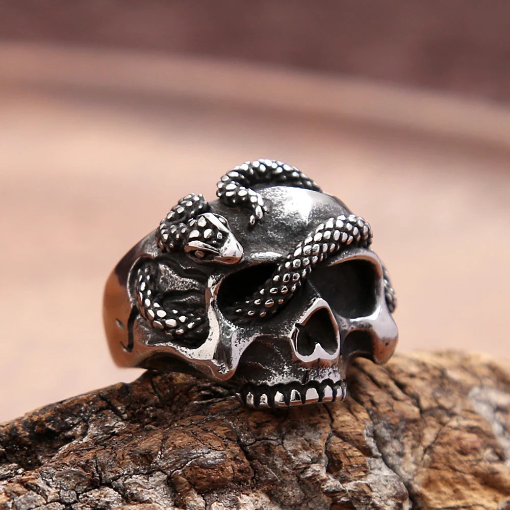Gothic Skull Snake Ring Stainless Steel Punk Vintage Ring Men Women