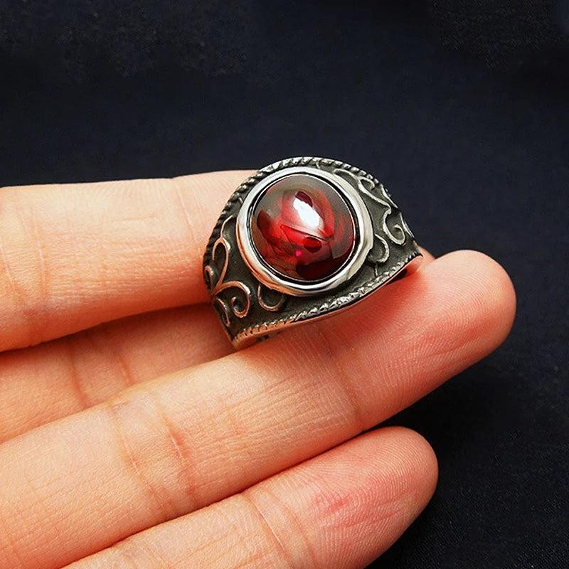 2️⃣ Vintage Gothic Garnet Ring Engraved Flower Stainless Steel Ring Men Women