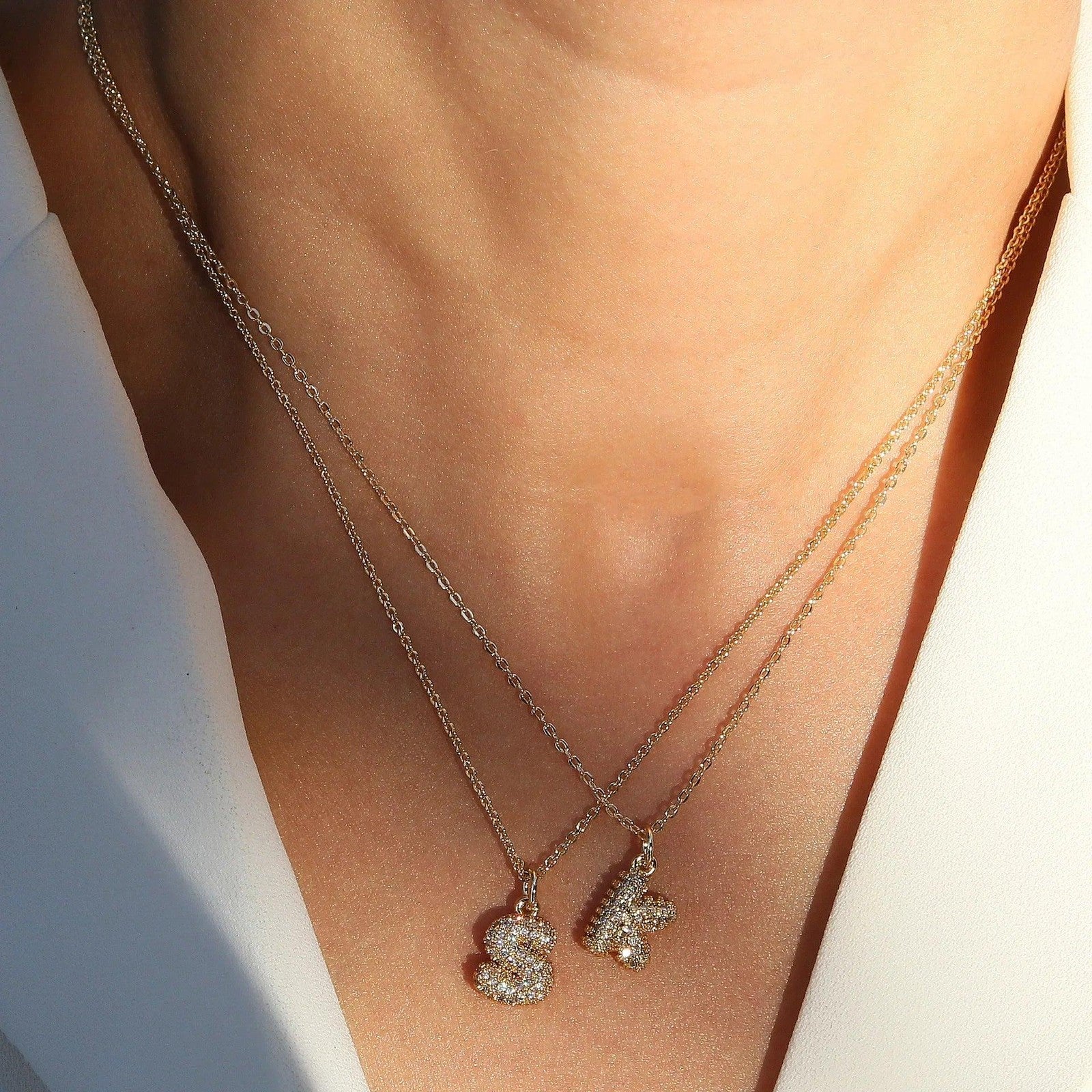Stainless Steel PVD Bubble Chunky Initial Pendant Necklace 26 Letters Zircon Jew