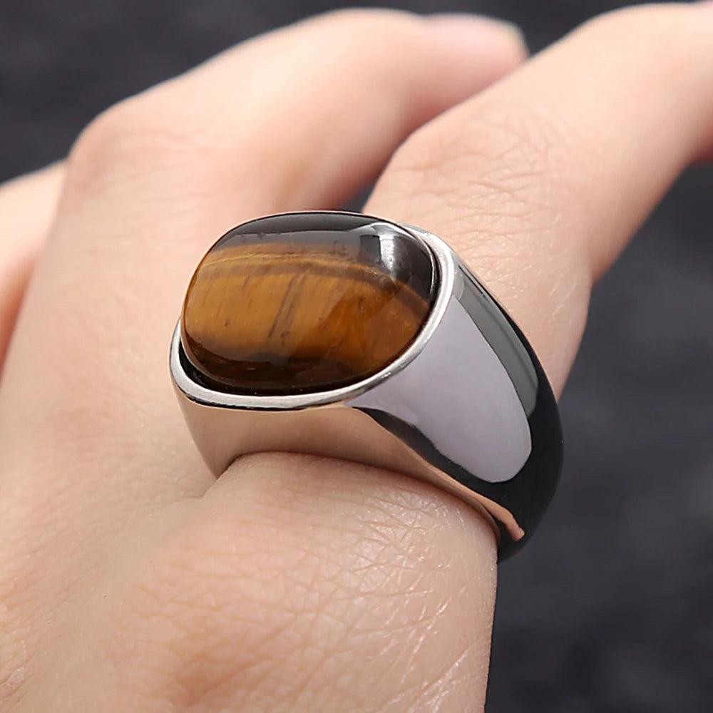 Stainless Steel Tiger Eye Ring | Vintage Brown Stone Biker Ring for Men Women