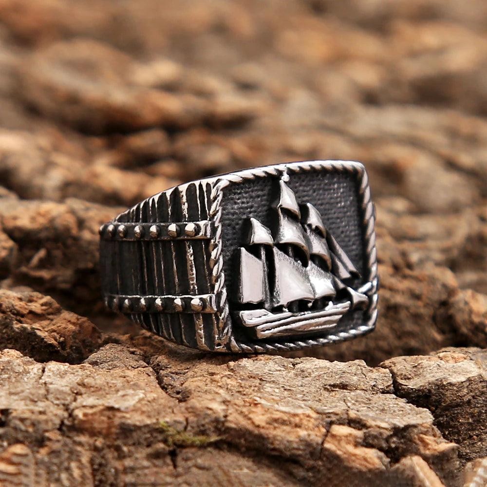 Stainless Steel Viking Pirate Ship Ring Sailboat Sailor Amulet Ring Men