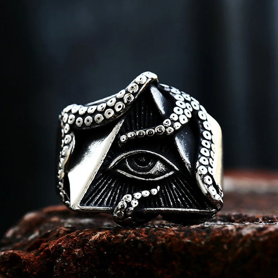 All Seeing Eye Octopus Ring Stainless Steel Punk Amulet Ring Men Women