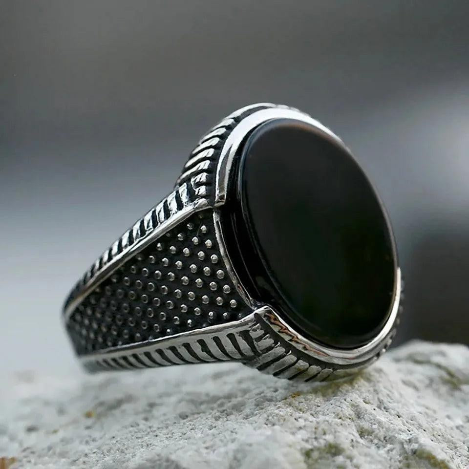 Natural Black Agate Vintage Gothic Ring 316L Stainless Steel  Turkish  Punk Ring