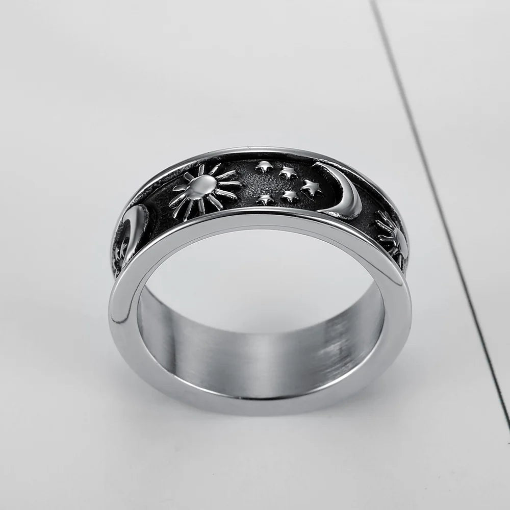 1️⃣ Sun Moon Star Ring 316L Stainless Steel Couple Punk Ring for Men Women