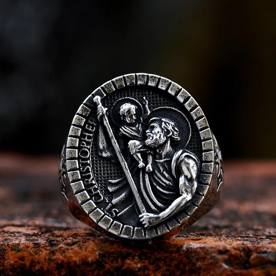 316L Stainless Steel St Christopher Ring | Vintage Renaissance Cross Biker Ring