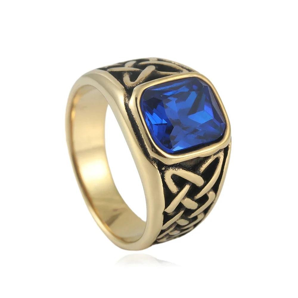 Stainless Steel Viking Rune Ring | Nordic Knot Square Red Stone Ring Unisex