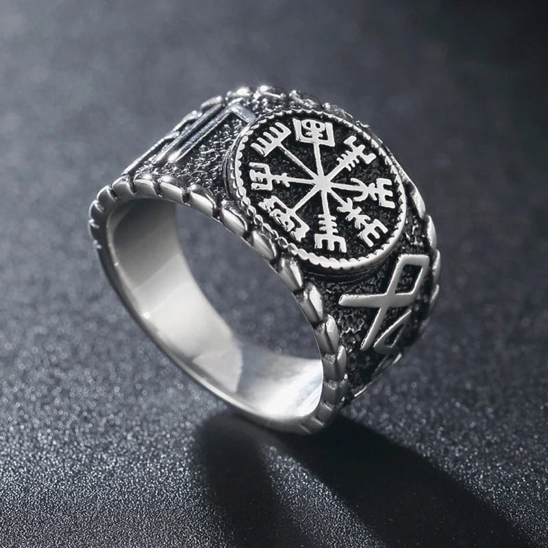 1️⃣ Viking Compass Ring Nordic Stainless Steel Odin Amulet Biker Ring Men