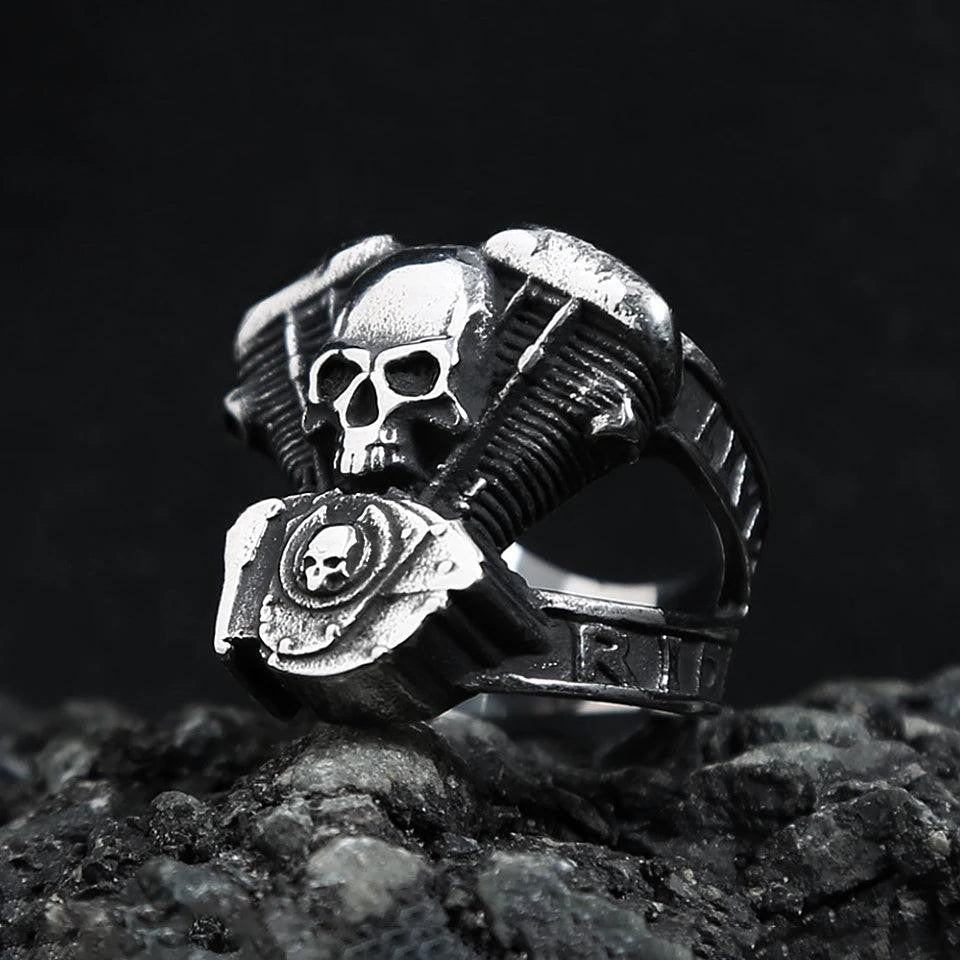Fashion Vintage Steampunk Motorcycle Engine Skull Rings For Men 316L Stainless