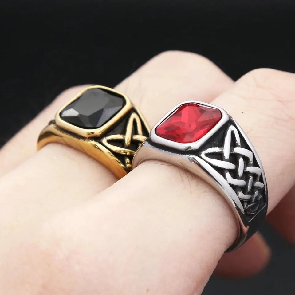 Stainless Steel Viking Rune Ring | Nordic Knot Square Red Stone Ring Unisex