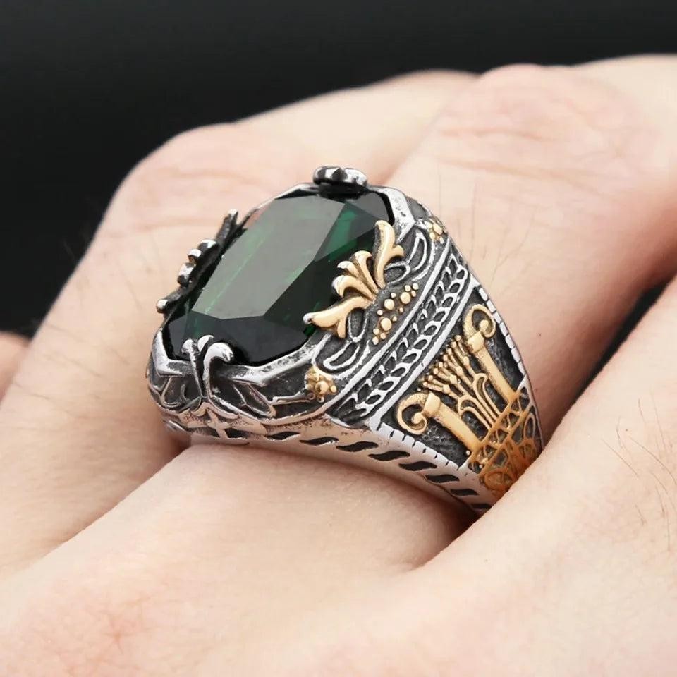 316L Stainless Steel Green Stone Turkish Signet Ring Punk Biker Men Women