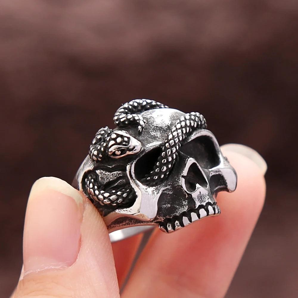 Gothic Skull Snake Ring Stainless Steel Punk Vintage Ring Men Women