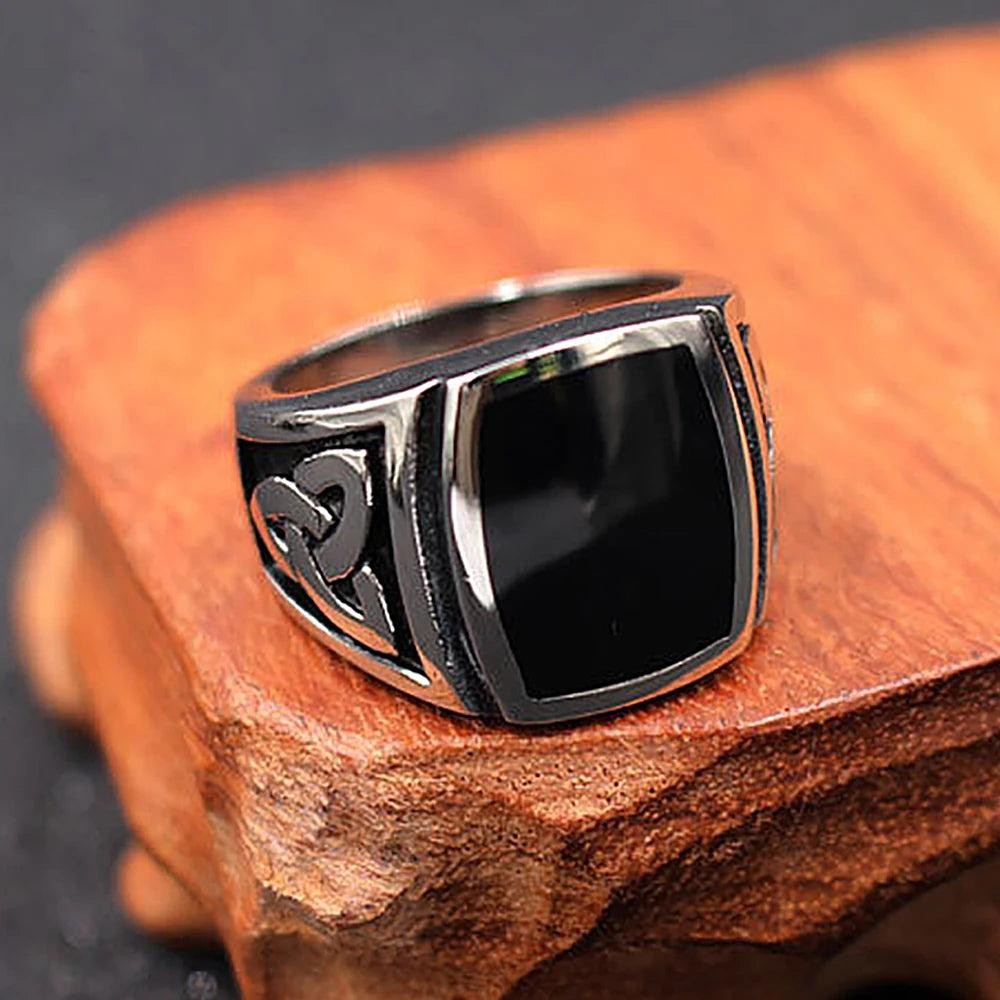 1️⃣ Nordic Viking Celtic Knot Ring Black Stone Stainless Steel Ring Men