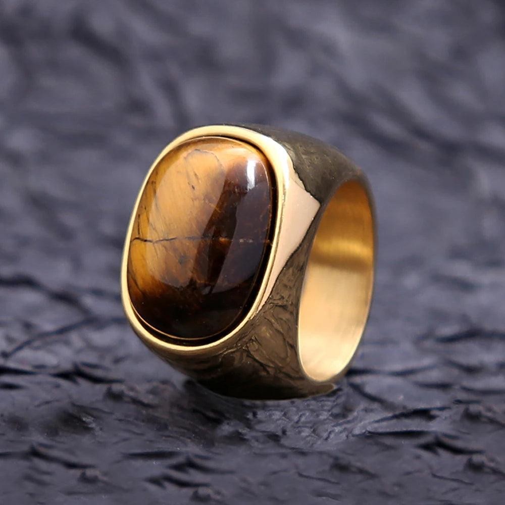 Stainless Steel Tiger Eye Ring | Vintage Brown Stone Biker Ring for Men Women