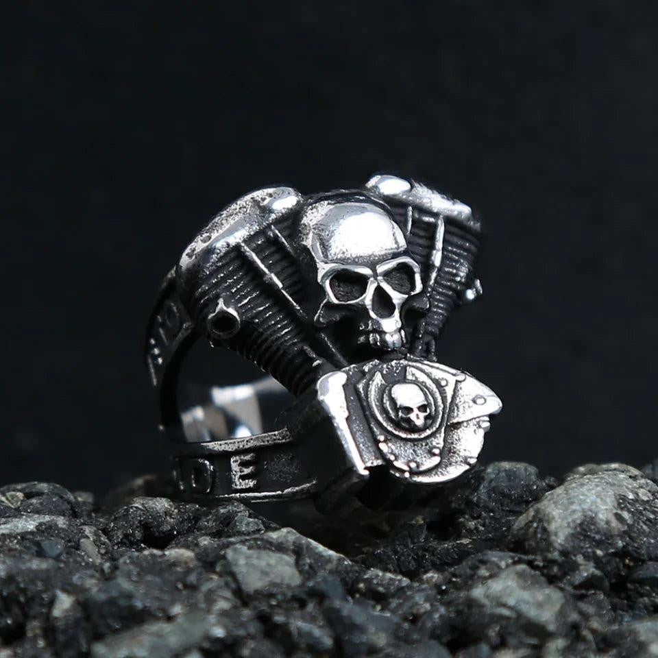 Fashion Vintage Steampunk Motorcycle Engine Skull Rings For Men 316L Stainless