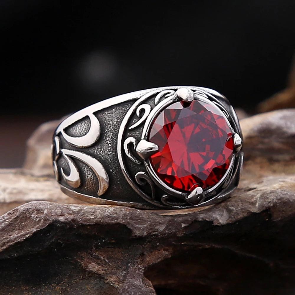 Stainless Steel Engraved Flower Ring Red Stone Vintage Punk Ring Men Women