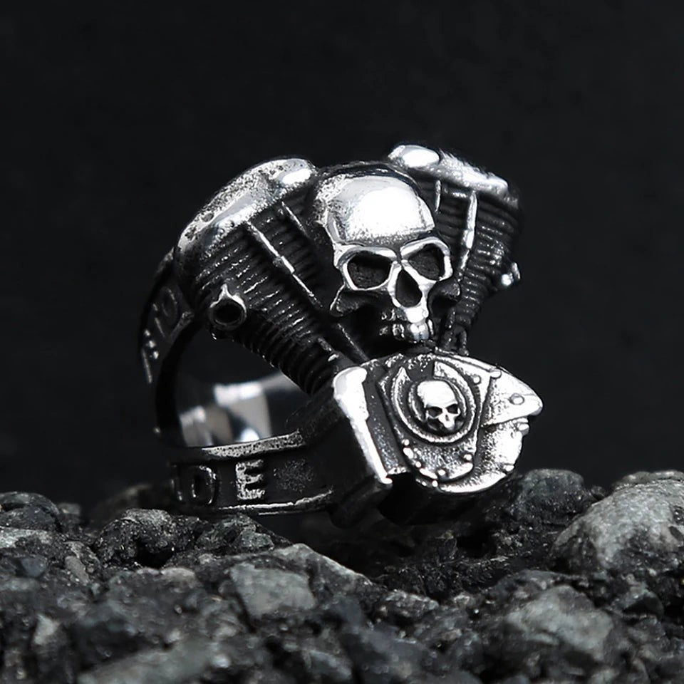 Fashion Vintage Steampunk Motorcycle Engine Skull Rings For Men 316L Stainless
