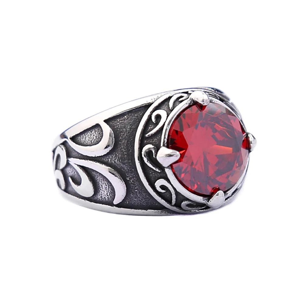 Stainless Steel Engraved Flower Ring Red Stone Vintage Punk Ring Men Women