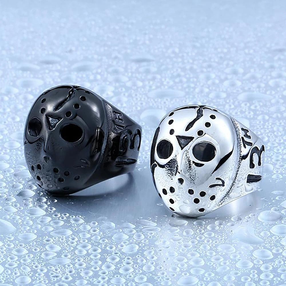 1️⃣ Jason Mask Ring Punk Horror Stainless Steel Biker Ring for Men Black Retro J