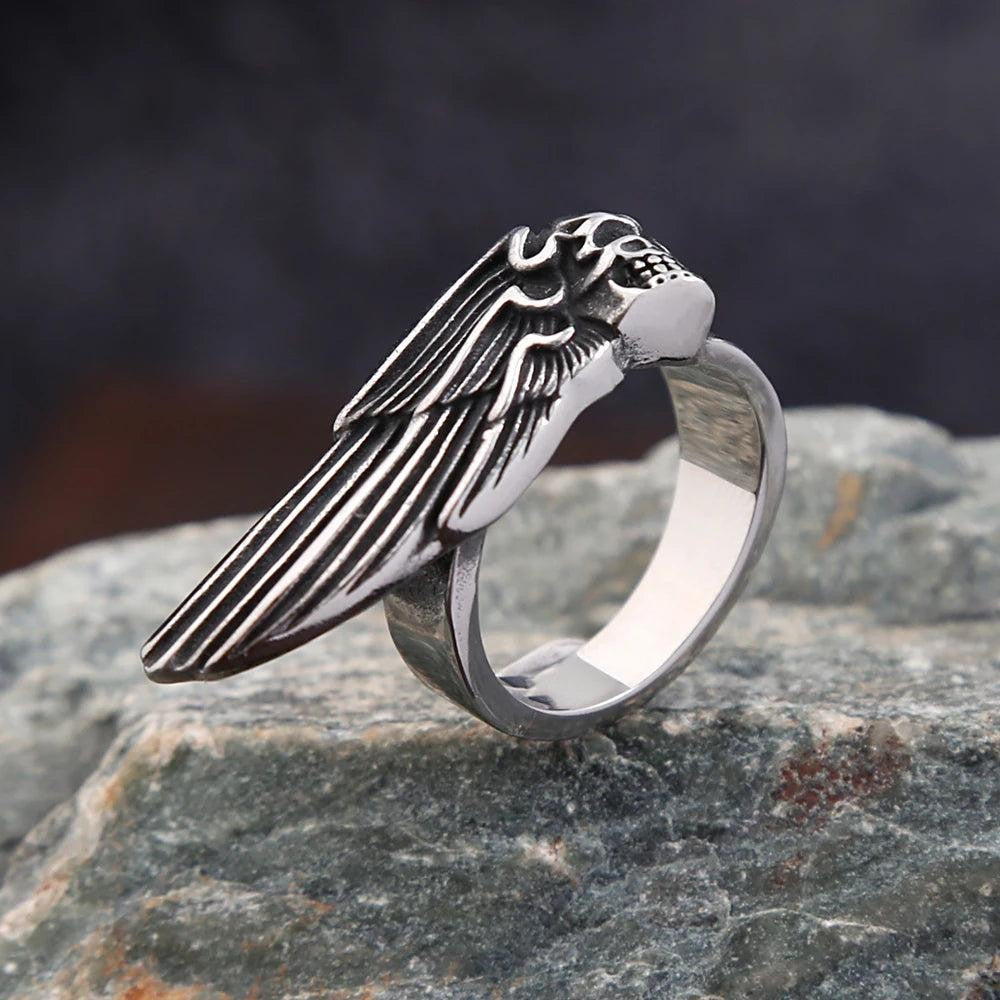 316L Stainless Steel Skull Wing Ring Punk Gothic Feather Ring Men Women