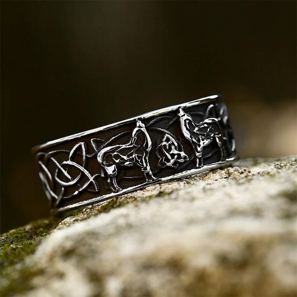 Stainless Steel Viking Wolf Ring | Celtic Knot Nordic Punk Amulet Ring