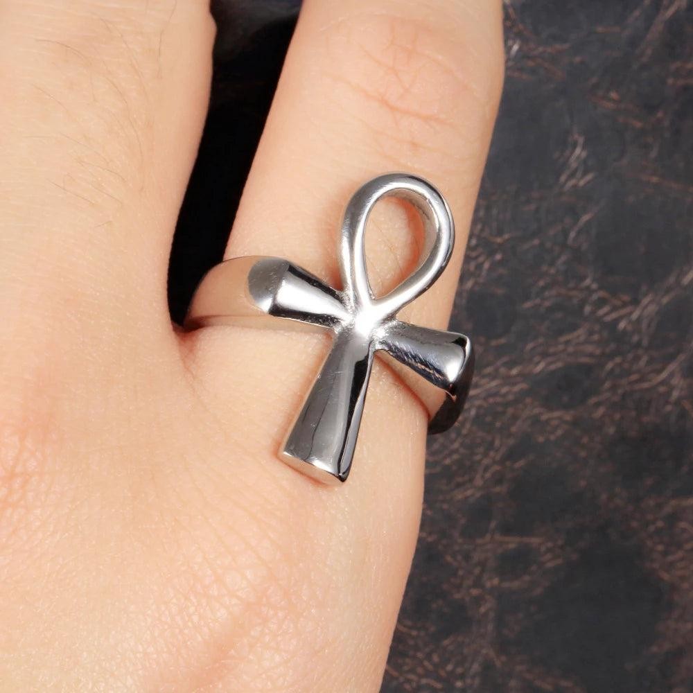 1️⃣ Anubis Cross Ring Egyptian Pharaoh Stainless Steel Gothic Ring Men