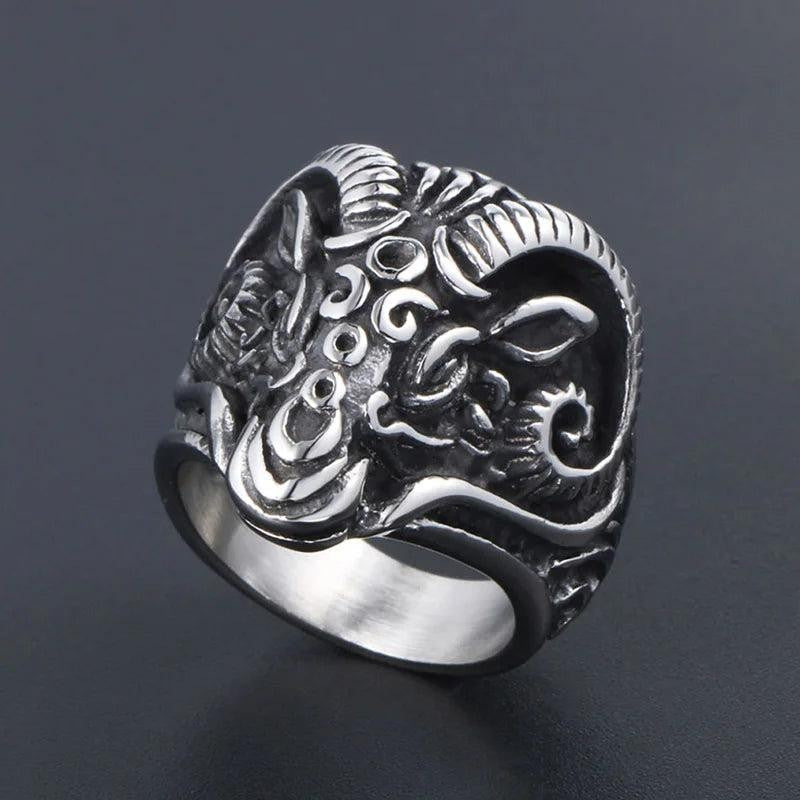 2️⃣ Gothic Goat Head Ring Stainless Steel Heavy Metal Biker Ring Men