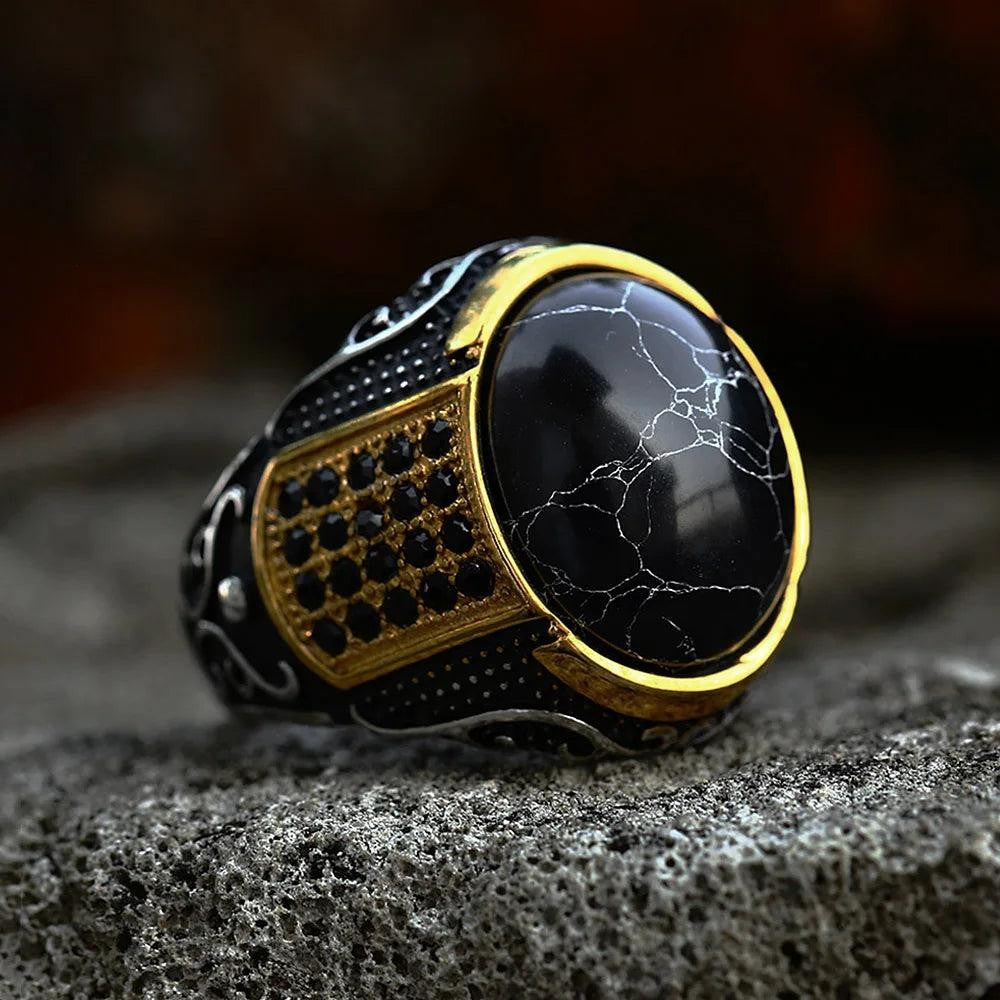 1️⃣ Gothic Black Stone Ring Gold Stainless Steel Punk Biker Ring Men